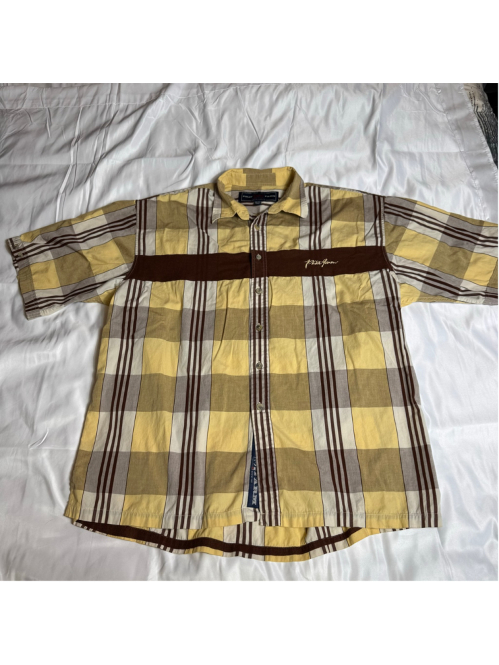 Men's Phat Farm Casual Button Down Shirt XXL Yellow Brown Plaid